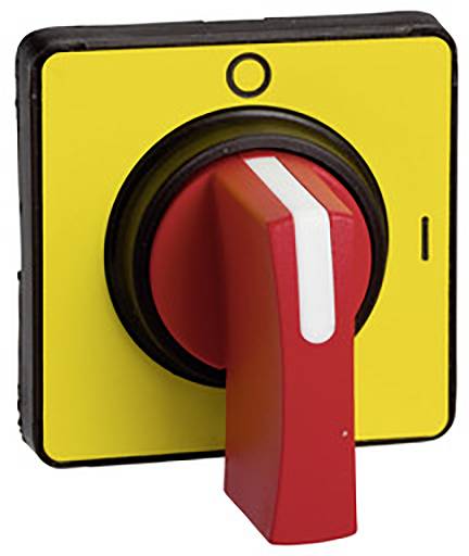 Not-Aus-Schalter in Rot und Gelb, nach rechts gedreht. Verwendet zur schnellen Abschaltung von Maschinen in Notfallsituationen.
