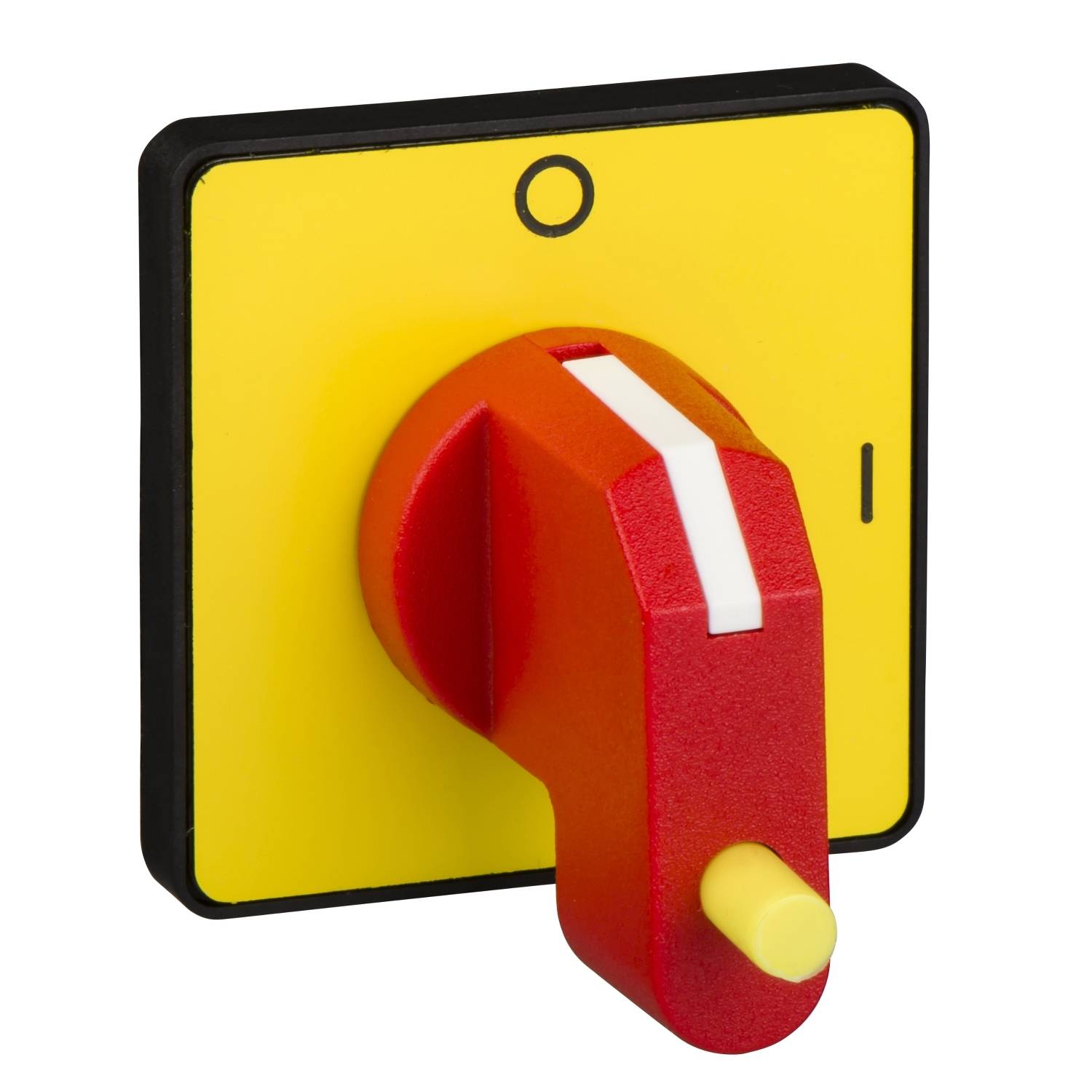 Ein roter Not-Aus-Schalter auf gelbem Hintergrund, der in die Aus-Position gedreht ist, symbolisiert einen Sicherheitsmechanismus.