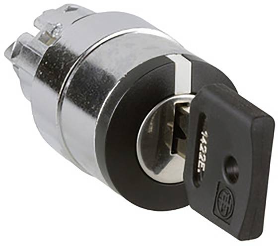 Ein Metallzylinderschloss mit eingesetztem schwarzen Schlüssel.