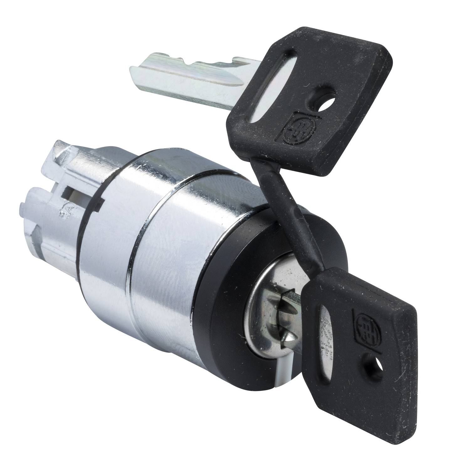 Zylinderförmiges Autoschloss mit zwei eingeführten Schlüsseln. Silberner metallischer Körper mit schwarzem Kunststoff.