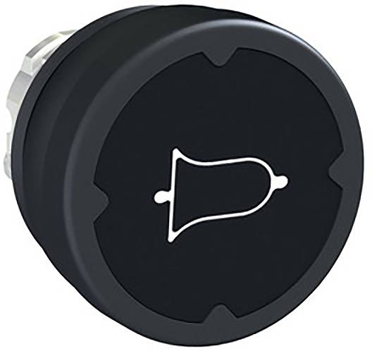 Schwarzer runder Knopf mit Glockensymbol in der Mitte, typischerweise für Türklingeln verwendet.