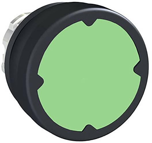 Grüner runder Knopf mit schwarzem Rand, möglicherweise als Signalgeber oder Bedienungselement eines Geräts verwendet.