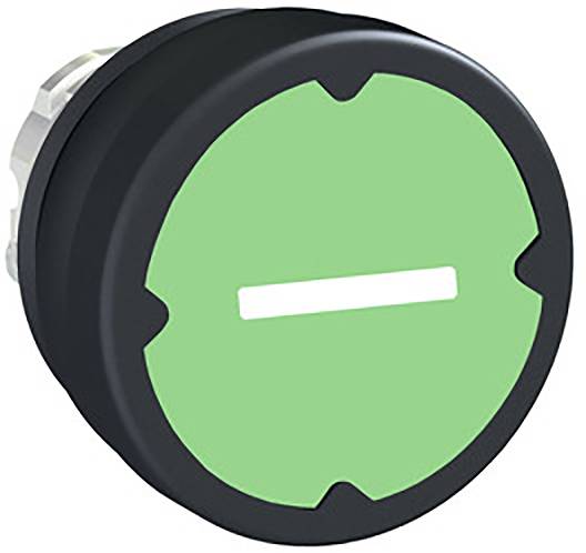 Grüner, runder Knopf mit einem horizontalen weißen Strich in der Mitte, möglicherweise zur Markierung oder Anzeige von 