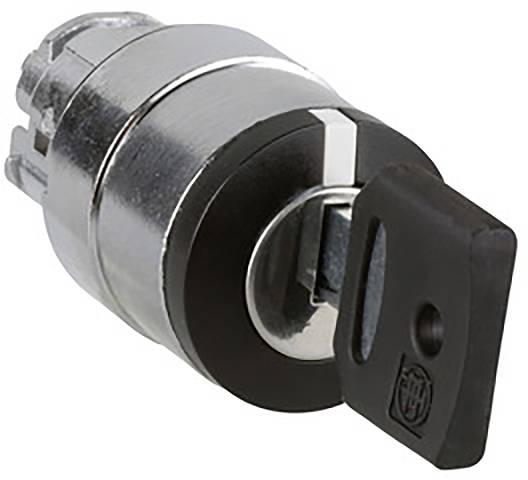 Silbernes Zylinderschloss mit einem schwarzen Schlüssel, der im Schloss steckt.