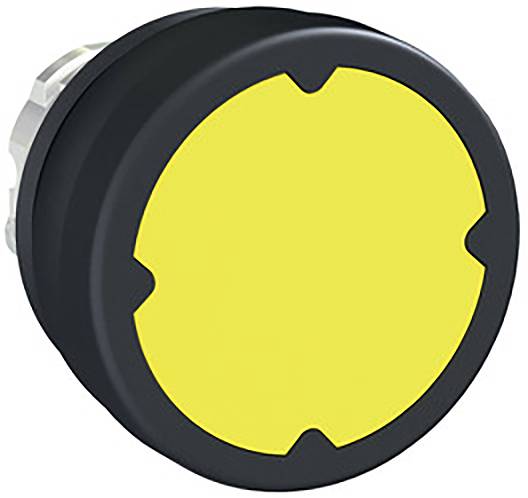 Runder Not-Aus-Taster mit gelbem Knopf und schwarzem Rahmen, möglicherweise für industrielle Maschinensteuerungen.