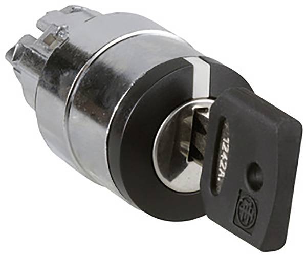 Ein Metallschlüsselschalter mit eingestecktem Schlüssel, verwendet zur Steuerung von elektrischen Geräten oder Maschinen.