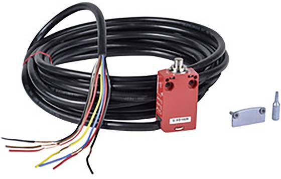 Ein roter Sensor mit langem, schwarzem Kabel mit farbigen Drähten. Daneben eine graue Halterung und ein kleines silbernes Werkzeug.