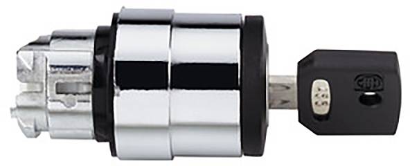 Ein verchromtes, zylindrisches Sicherheitsschloss mit eingestecktem schwarzem Schlüssel.