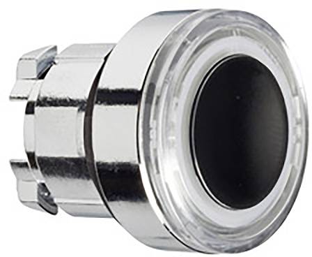 Ein runder, silberner Druckknopf mit schwarzem Zentrum, geeignet für industrielle Anwendungen und Maschinensteuerung.