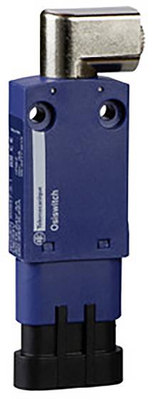 Ein blauer Sicherheitsschalter mit einem metallischen rechten Winkel oben. Er hat eine schmale, rechteckige Form mit zwei Löchern für Befestigungen.