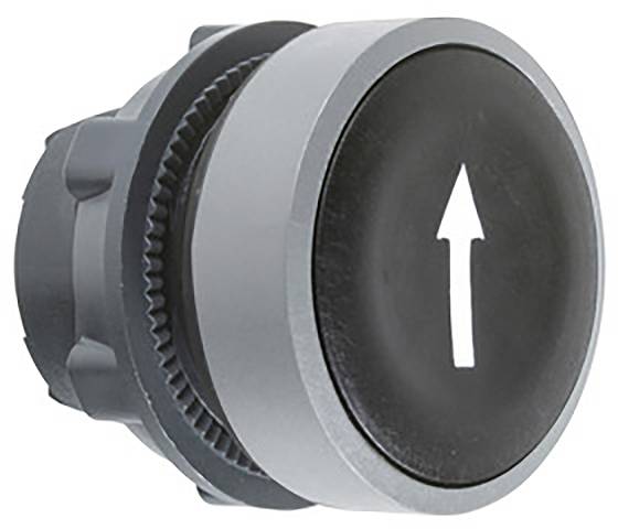 Ein runder schwarzer Knopf mit einem weißen Pfeil, der nach oben zeigt, eingebettet in einen grauen Ring.