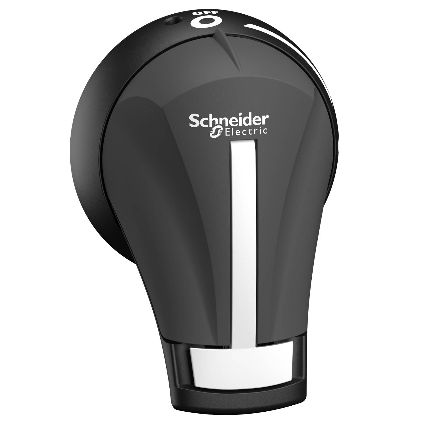 Schwarzer, ergonomisch geformter Drehschalter mit weißem Streifen, beschriftet mit 'Schneider Electric', symbolisiert moderne Schalttechnik.