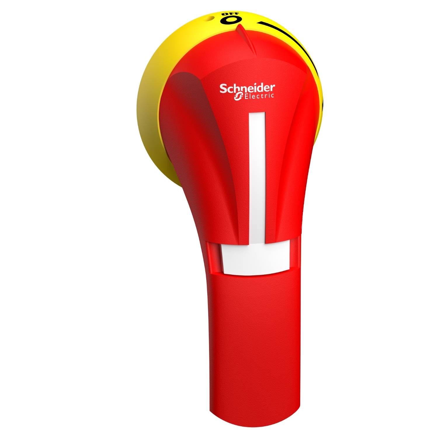 Roter Not-Aus-Schalter von Schneider Electric mit gelbem Hintergrund.