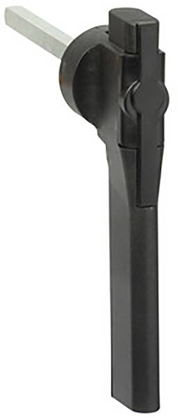 Schwarzer Fenstergriff mit Drehmechanismus, geeignet zur Befestigung an einem Fensterrahmen. Befestigungsstange aus Metall sichtbar.