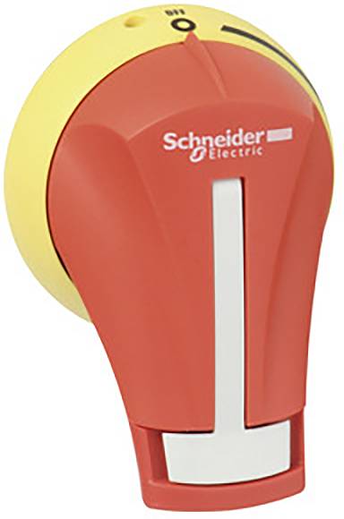 Roter Schalter mit weißem Hebel, markiert mit 'Schneider Electric', auf gelbem Hintergrund.