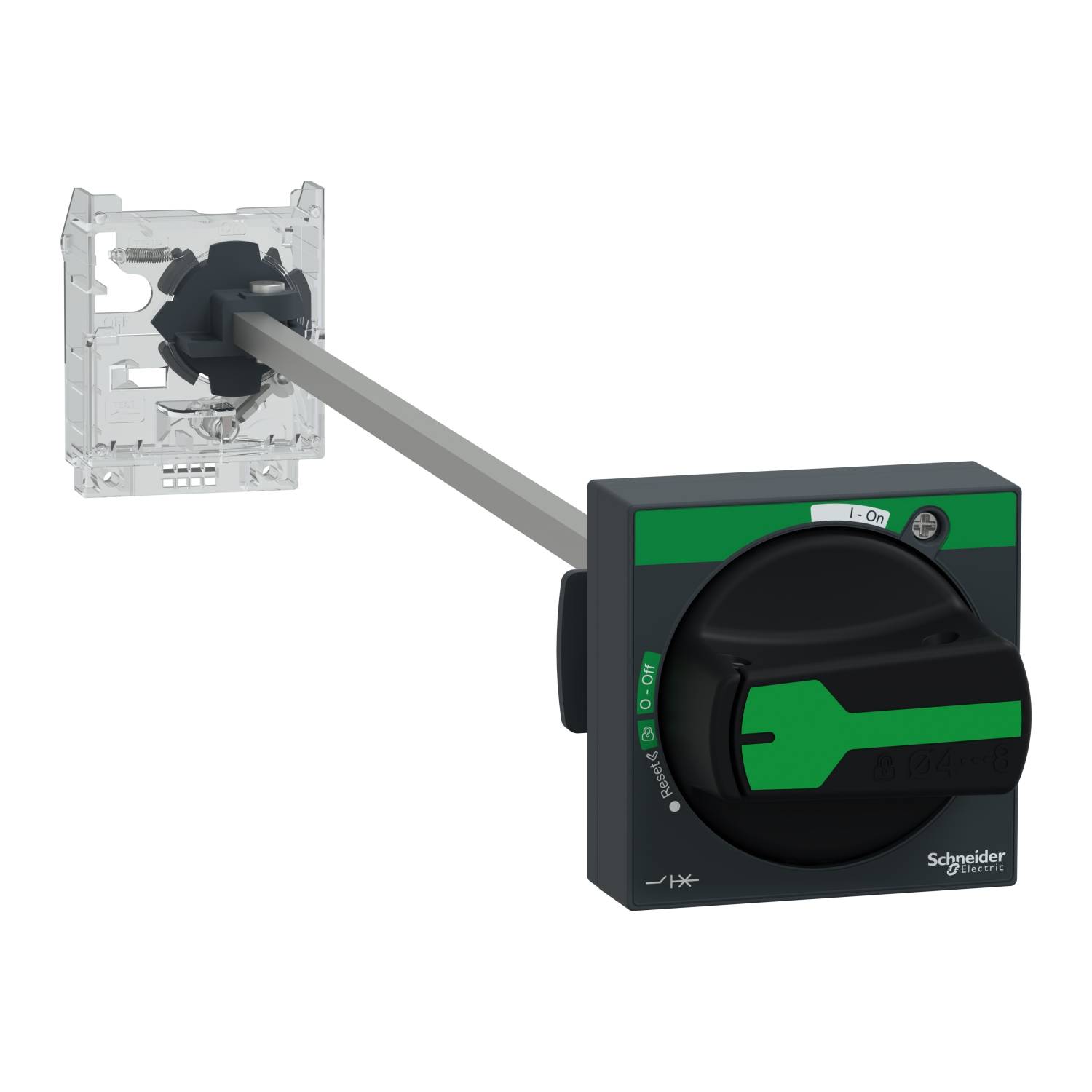 Schalterbauteil mit grün-schwarzem Drehknopf von Schneider Electric. Geeignet für elektrische Steuerungen. Montagekomponente sichtbar.