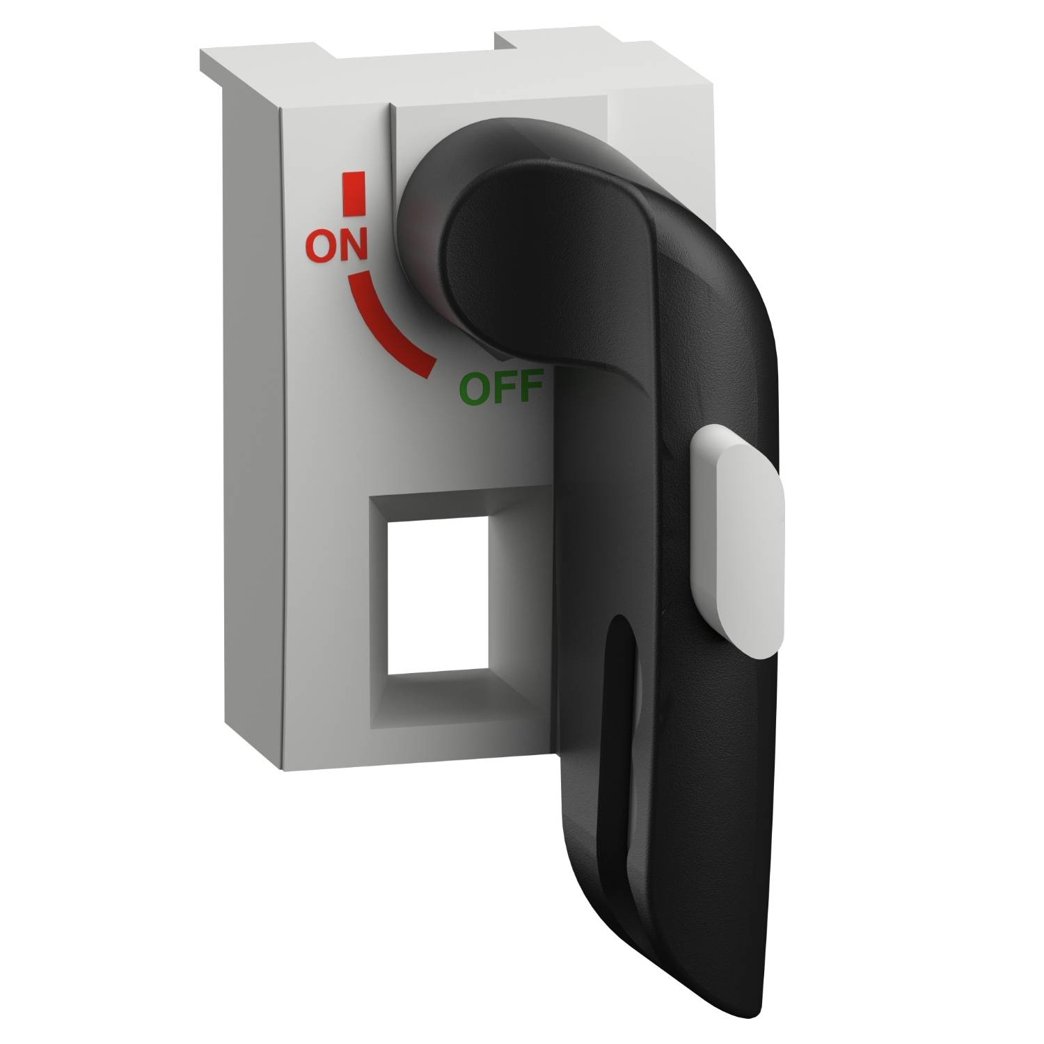 Ein schwarzer Hebel an einem Gerät zeigt auf 'ON' (oben rot) und 'OFF' (unten grün), dargestellt mit einer roten Linie.