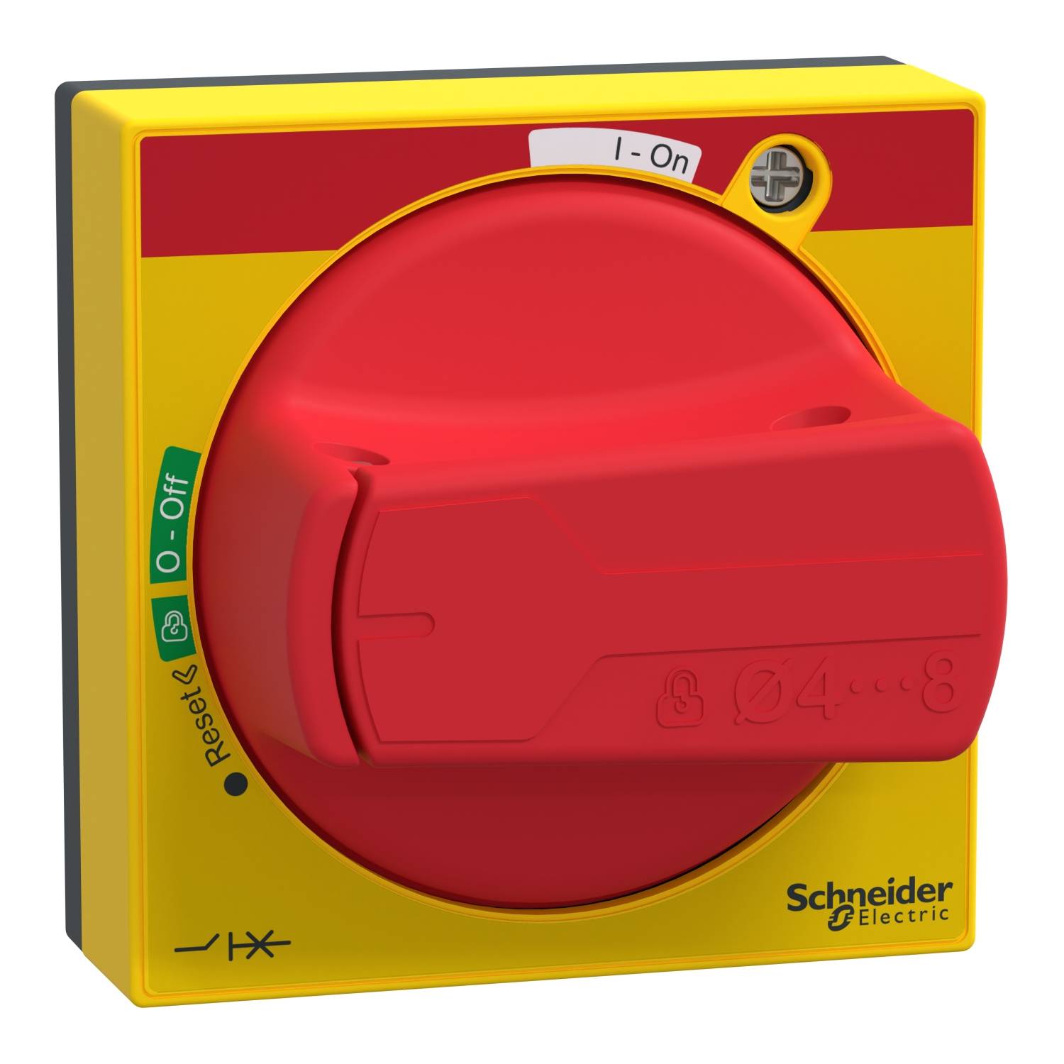 Elektrischer Hauptschalter von Schneider Electric, gelbes Gehäuse, roter Drehgriff mit Positionen '0-Off' und 'I-On', E/A-Markierungen.