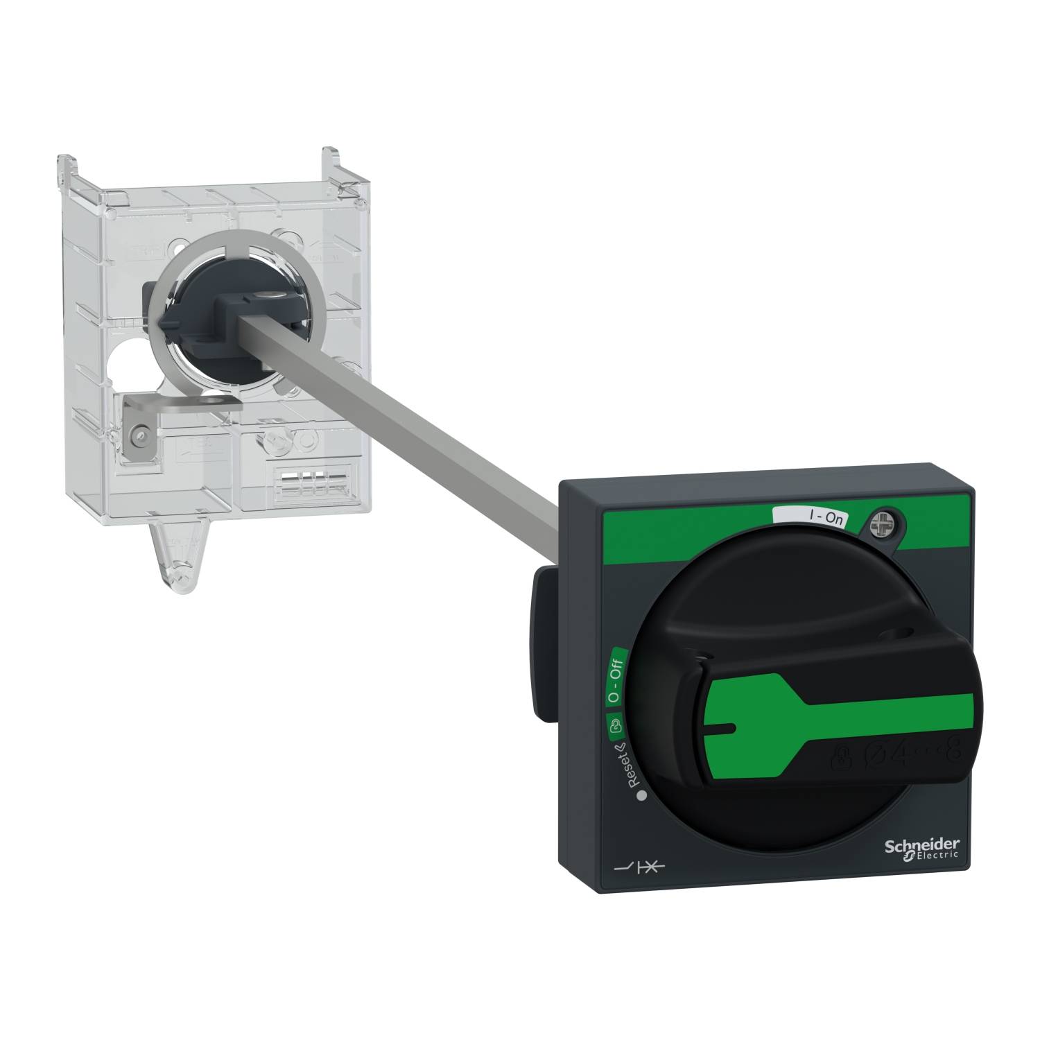 Ein elektrischer Schalter von Schneider Electric zeigt eine quadratische Basis mit einem runden, grünen Drehknopf zur Steuerung.