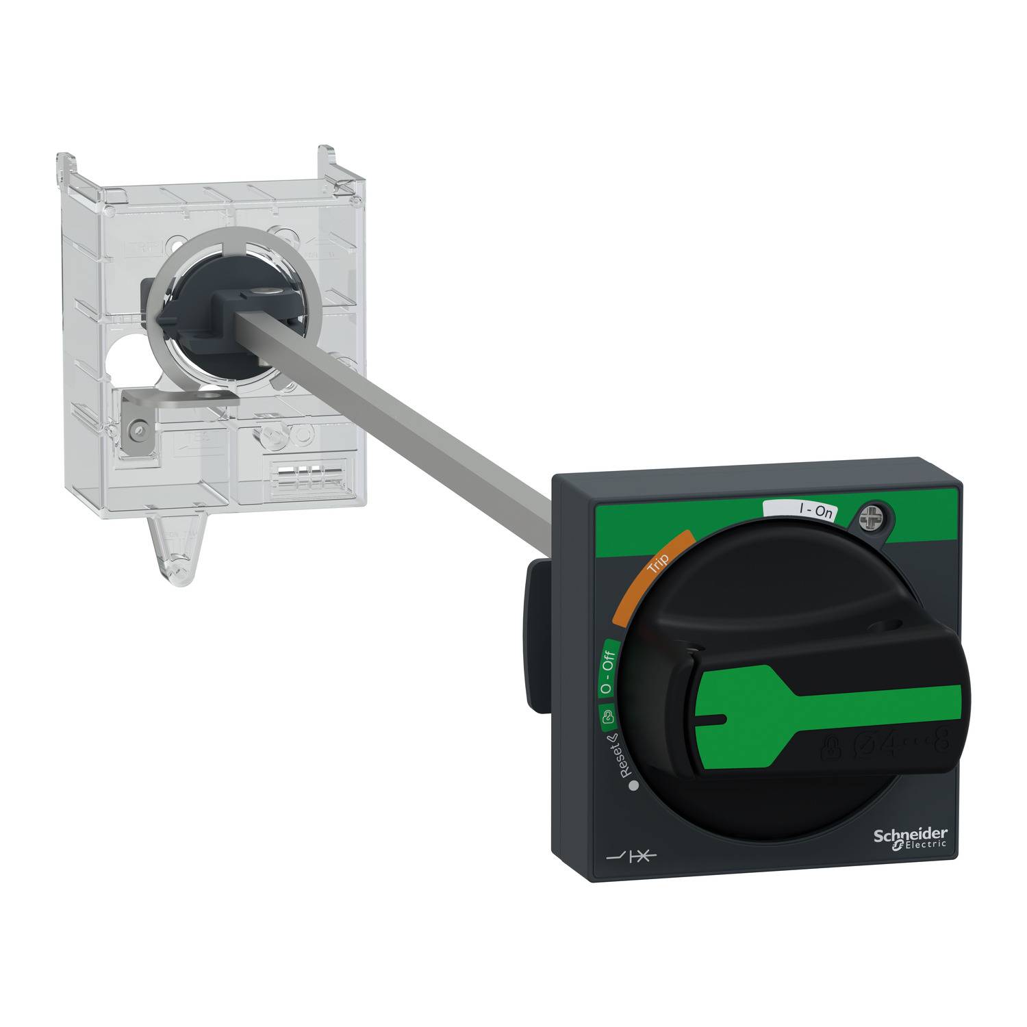 Isoliertrennschalter der Marke Schneider Electric, Modell Vario. Kunststoffgehäuse mit grünem Schalterhebel und ON/OFF-Markierungen.