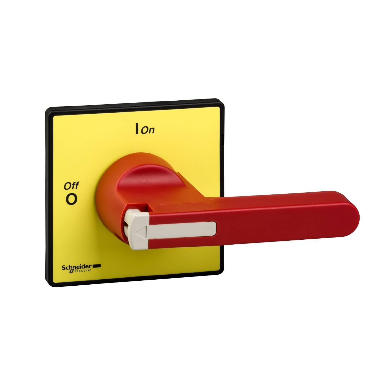 Ein roter Not-Aus-Schalter auf gelbem Hintergrund, mit den Einstellungen 'Off' und 'On' markiert. Schützende Funktion für Maschinen.