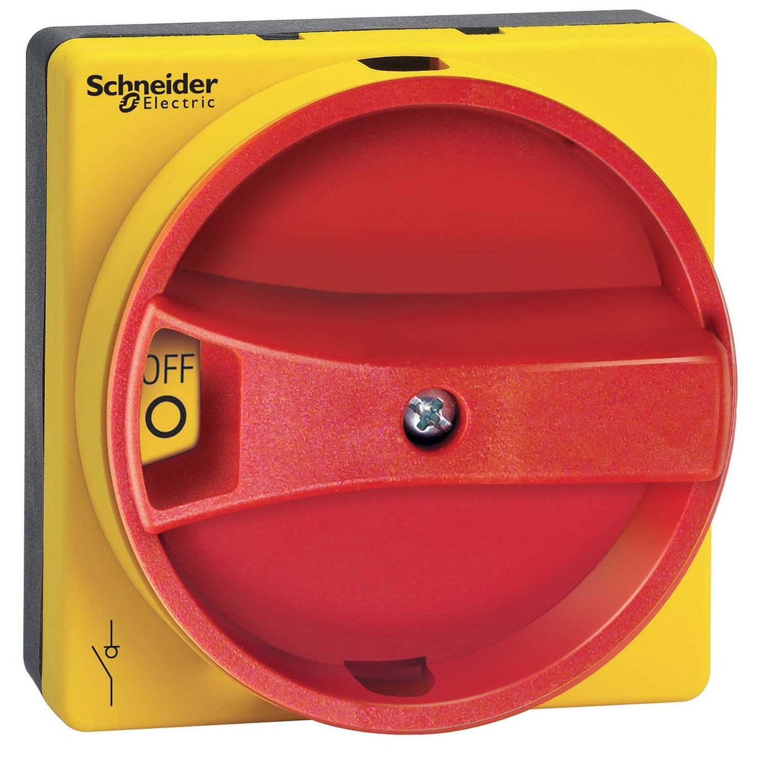 Ein roter Not-Aus-Schalter von Schneider Electric, montiert auf einem gelben Hintergrund mit einem Symbol für Stromtrennung.