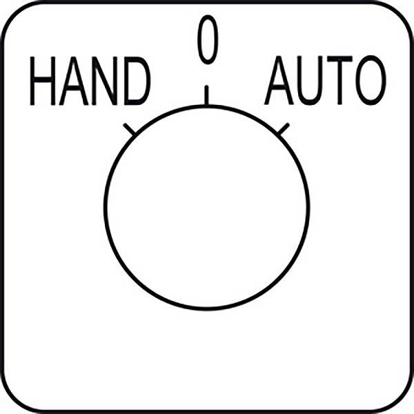 Ein quadratisches Symbol zeigt einen Drehregler mit drei Positionen: 'HAND', '0', und 'AUTO'. Der Regler ist auf die mittlere Position '0' eingestellt.