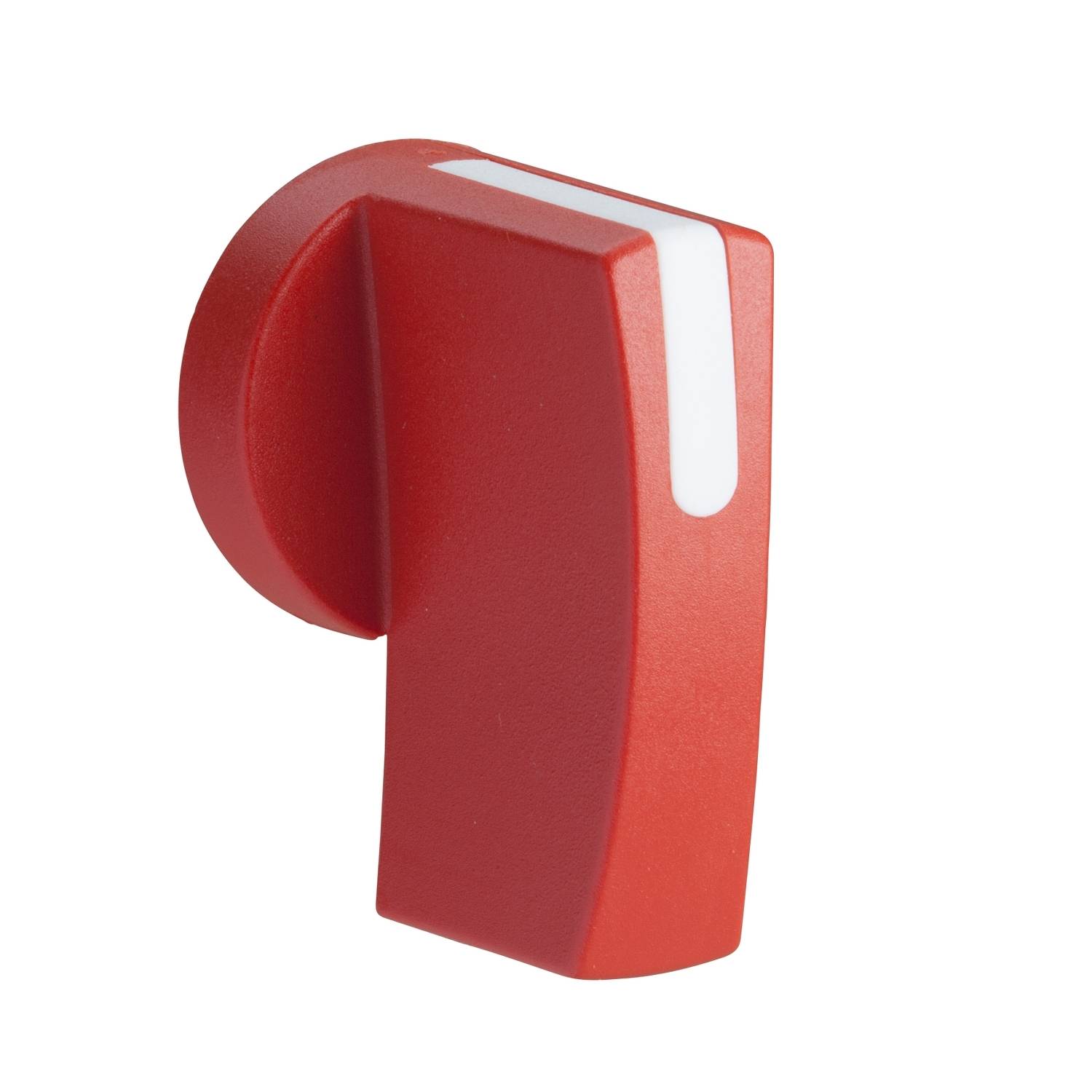 Roter Plastikknopf in Form eines stilisierten Buchstabens ‚p‘ auf weißem Hintergrund.