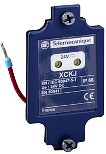 Blauer, rechteckiger elektrischer Sensor von Telemecanique mit Schraubmontage. Markierungen: '24V DC', 'XCKJ', 'IP 66'. Ein rotes Kabel angeschlossen.