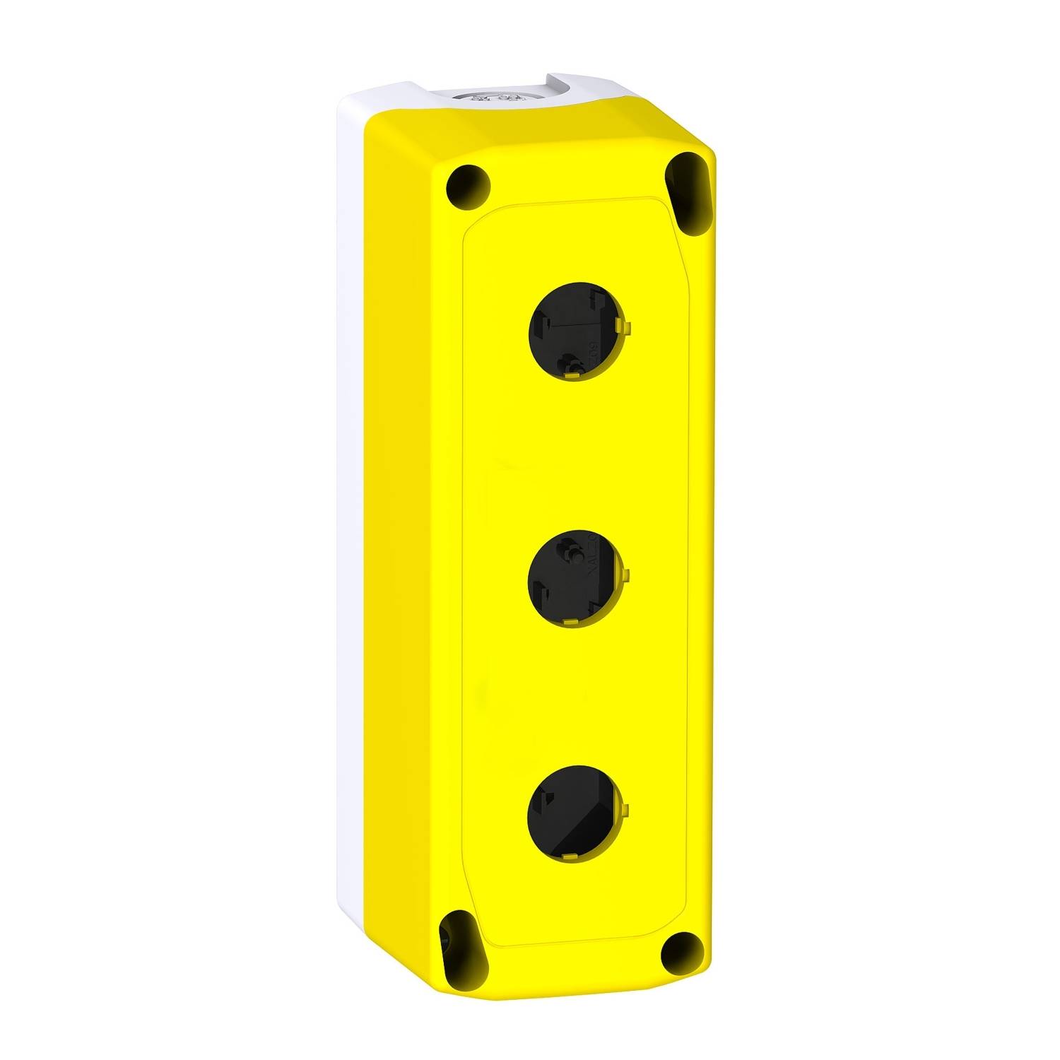 Ein gelber Controller mit drei runden Steckplätzen, aufrecht stehend, mit einem schwarzen Rahmen an den Ecken.