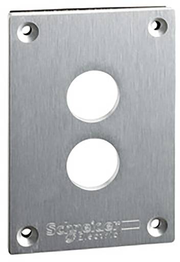 Metallplatte mit zwei runden Öffnungen in der Mitte, vier Schraublöchern an den Ecken und 'Schneider Electric'-Logo unten eingeprägt.