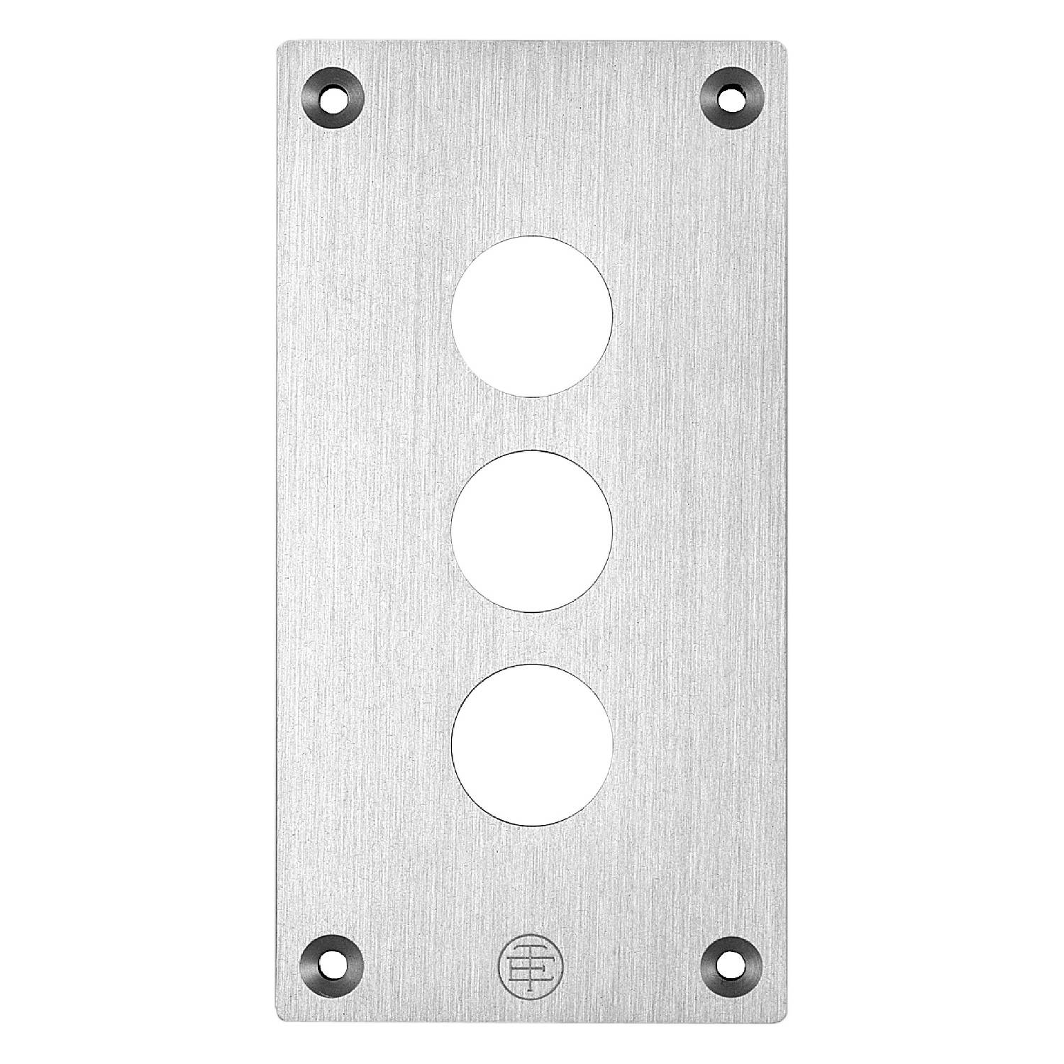 Metallplatte mit drei kreisförmigen Löchern in der Mitte, je eines oben, in der Mitte und unten. Vier Schraublöcher an den Ecken.