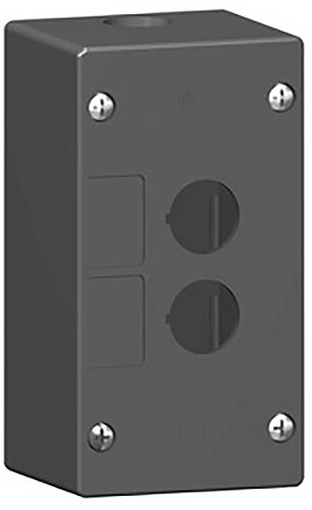 Ein rechteckiges, schwarzes Gehäuse mit zwei kreisförmigen Aussparungen und vier Schrauben an den Ecken, vermutlich für elektrische Schalter.