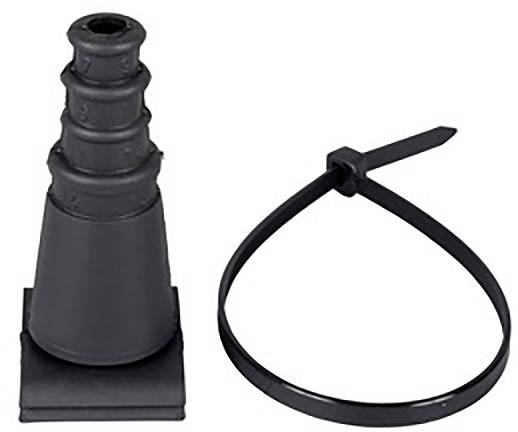 Schwarz-graues Gummidichtungsset, bestehend aus einem gestuften Kegel und einem Kabelbinder, zur Abdichtung von Rohren oder Kabeln.