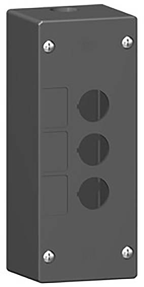 Graues rechteckiges Gehäuse mit drei runden Aussparungen in der Mitte, geeignet zur Montage von Schaltern oder Knöpfen.