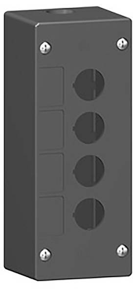 Ein rechteckiges schwarzes Gehäuse mit vier runden Löchern in der Mitte und vier kleineren, quadratischen Aussparungen an der linken Seite.