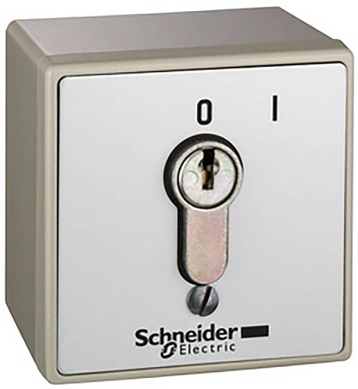 Ein quadratischer Schlüsselschalter von Schneider Electric mit Positionen '0' und 'I' zur Steuerung von Geräten.
