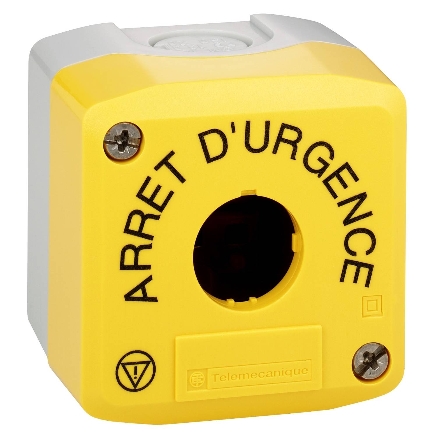 Ein gelbes Not-Aus-Gehäuse mit der Aufschrift 'ARRET D'URGENCE'. Es hat eine Öffnung für einen Knopf und ist für Sicherheitsschaltungen gedacht.