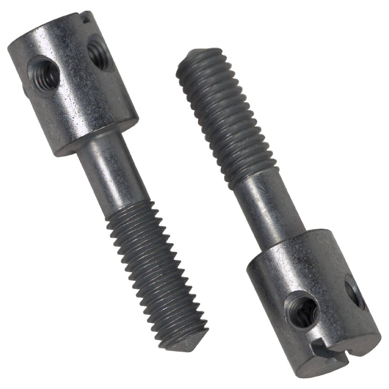 Zwei silberne Schrauben mit Gewinde und Lochmechanismen, aufrecht stehend und seitlich liegend, auf weißem Hintergrund.