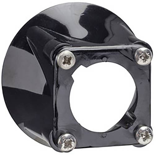 Schwarzer Kunststoff-Halteradapter mit vier sichtbaren Metallschrauben und rundem, offenen Kern.