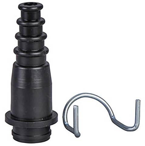 Ein schwarzer Adapter mit mehreren Rillen und einem geformten Clip. Der Adapter könnte zur Verbindung von Schläuchen dienen.