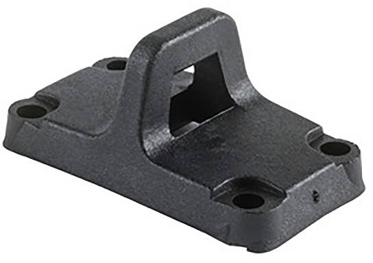 Ein schwarzes, rechteckiges Metallteil mit einem erhöhten, gebogenen Element und vier Montagelöchern an den Ecken.