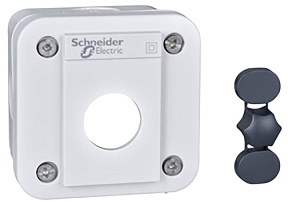 Ein weißer, quadratischer Schalter von Schneider Electric mit einem großen zentralen Knopfloch, daneben ein dunkelgraues Zubehörteil.