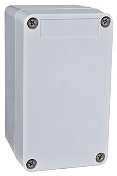 Ein rechteckiges, graues Gehäuse mit abgerundeten Kanten und vier sichtbaren Schrauben an jeder Ecke.