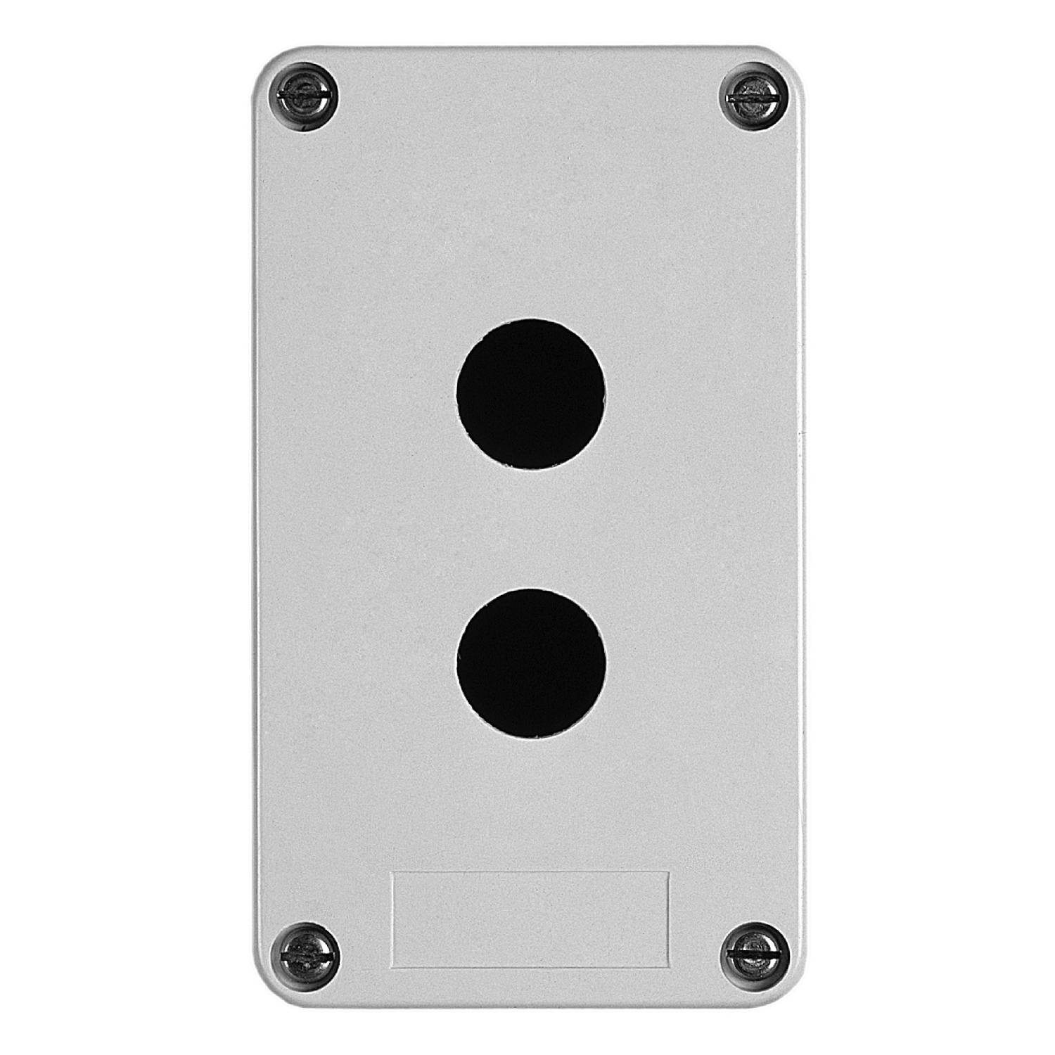 Metallischer, rechteckiger Gehäusedeckel mit zwei runden Löchern, quadratischen Ecken und sichtbaren Schrauben an den Ecken.