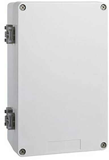 Rechteckiges, weißes Gehäuse mit Schrauben an den Ecken, geeignet für Elektronik. Keine sichtbaren Markierungen oder Öffnungen.