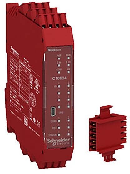 Rotes elektronisches Modul von Schneider Electric mit mehreren Anschlussmöglichkeiten, das für industrielle Anwendungen genutzt wird.