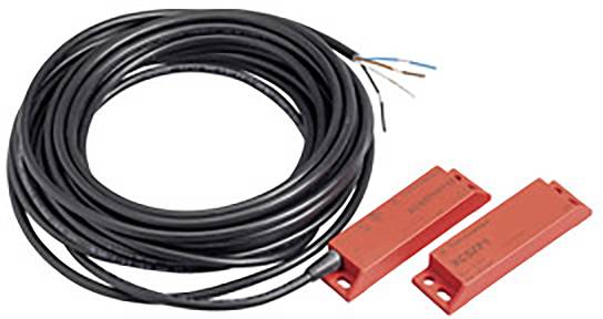 Ein rotes Magnetschalter-Set mit zwei rechteckigen Sensoren und einem langen, schwarzen Kabel mit freiliegenden Drähten am Ende.