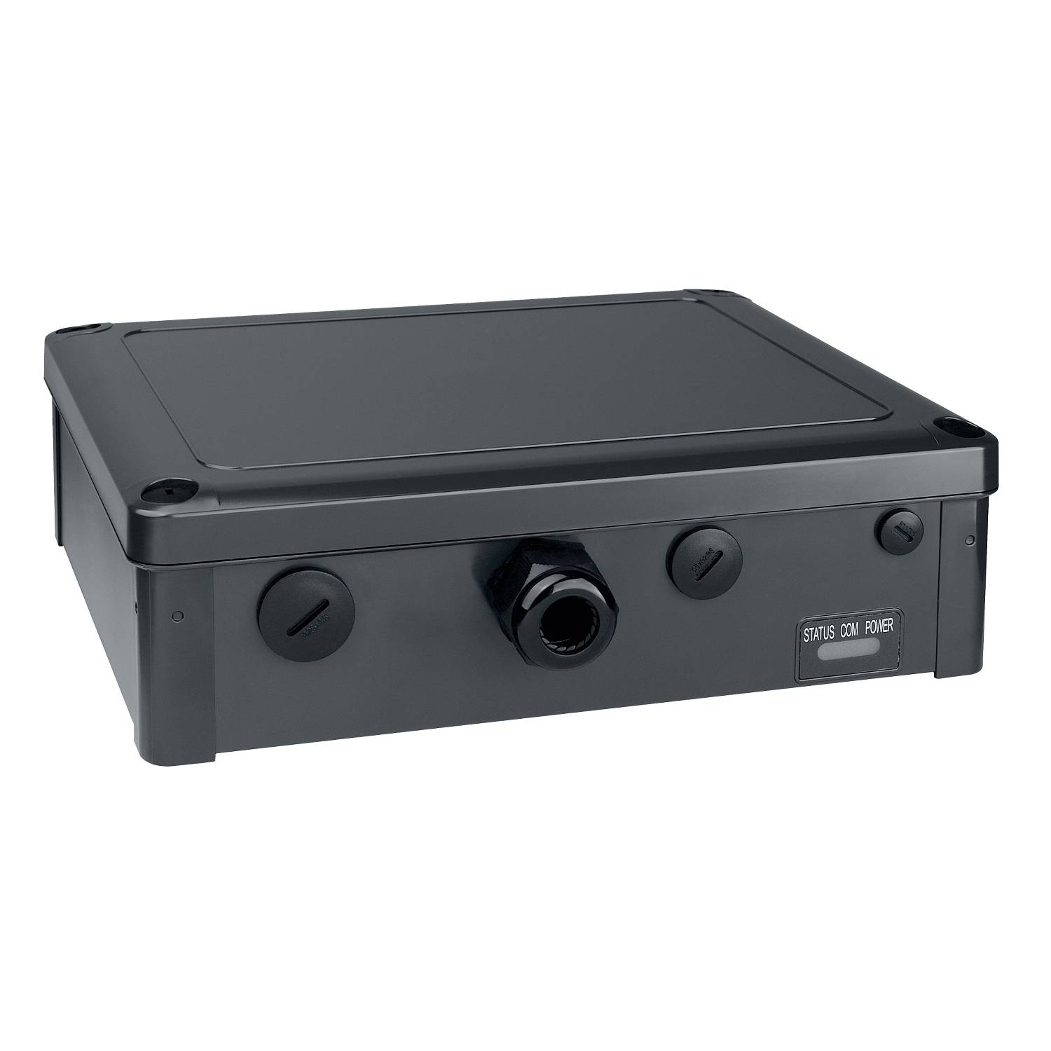 Schwarzes elektronisches Gerät mit mehreren Anschlüssen auf der Vorderseite und seitlichen Öffnungen, geeignet für technische Installationen.