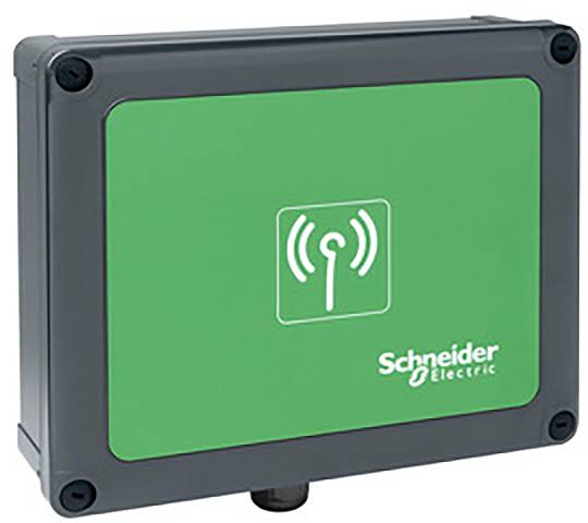 Elektrisches Gerät von Schneider Electric mit grünem Frontpanel und Funksignal-Symbol.